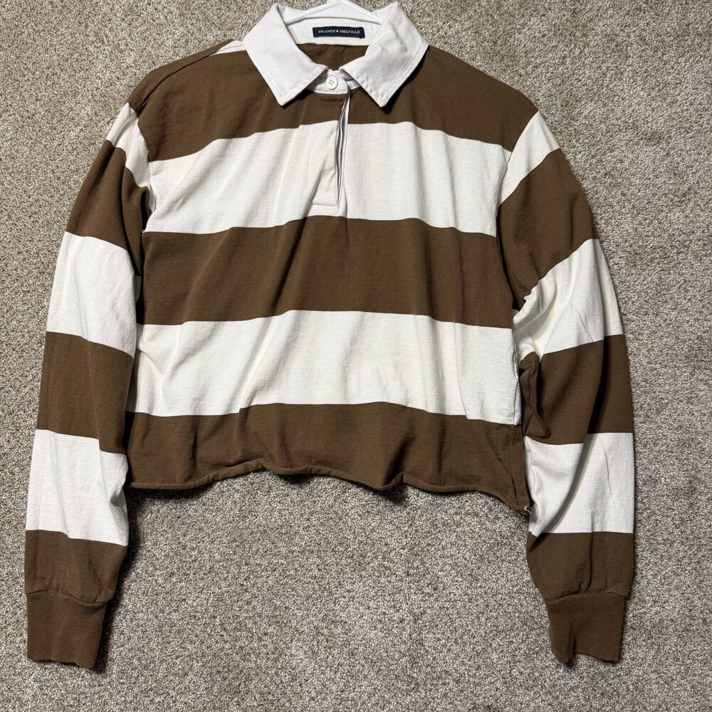 Brandy Melville Striped Crop Rugby Shirt Polo Brown White 100% Cotton One Size